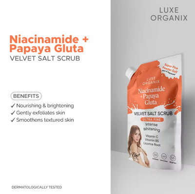 LUXE ORGANIX NIACINAMIDE PLUS PAPAYA GLUTA VELVET SALT SCRUB