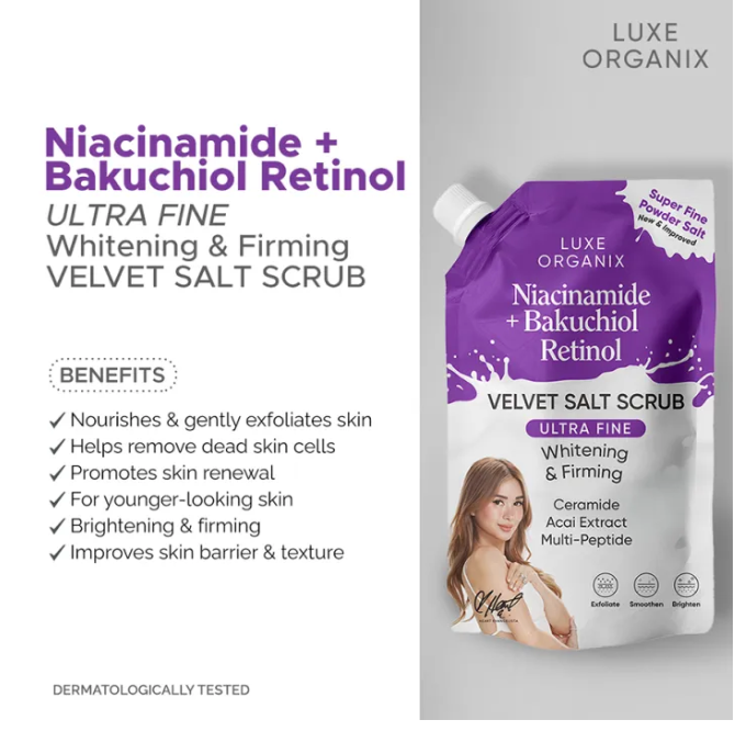 LUXE ORGANIX NIACINAMIDE + BAKUCHIOL RETINOLl VELVET SALT SCRUB